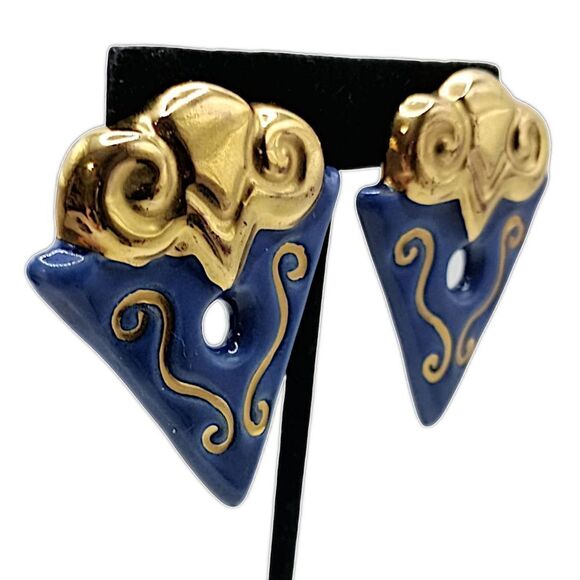 Geometric Abstract Earrings Clip On Terracotta Clay Handpainted Large Blue Gold - Picture 3 of 16